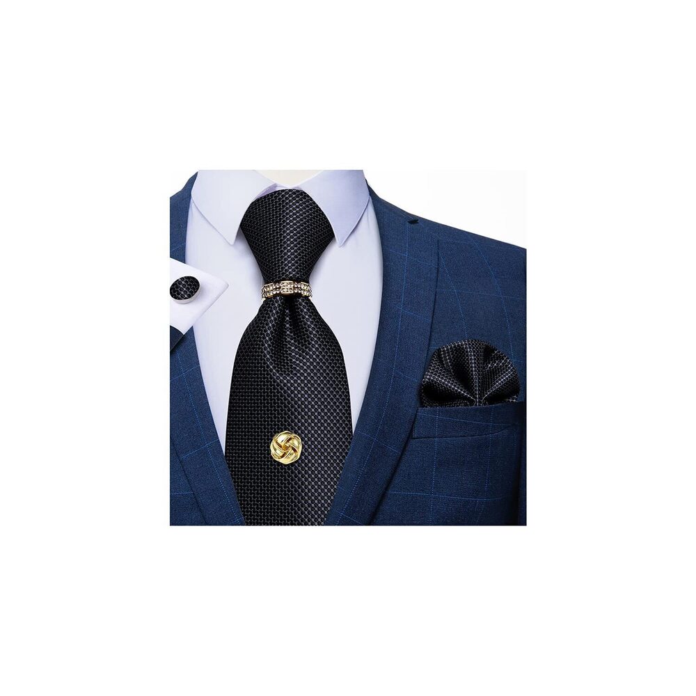 4987 Solid Color Silk Tie Set - Gold Tie Tack & Ring Pocket Square